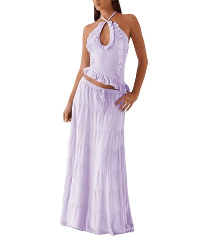 Womens 2 Piece Maxi Skirt Set Y2k Halter Ruched Cami Top Tiered Flowy Ruffle Skirt Outfit