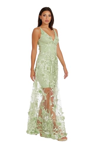 Women's Embellished Plunging Gown Sleeveless Floral Long Dress
