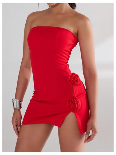 Women's 3D Flower Strapless Mini Dress Sleeveless Split Party Club Bodycon Tube Dresses