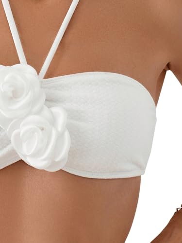 Women's 2 Piece Halter Swimsuit 3D Flower Appliques Bandeau Tummy Control Bikini Set