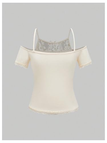 Women's Y2K Coquette Aesthetic Crop Tops Summer Kawaii Clothes Cute Lace Bow Cold Shoulder Graphic Tees