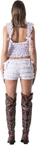 Women's Sexy Ruffle 2 Piece Sets Short Sleeve Bow Tie Front Crop Tops and Smocked Ruched Shorts Loungewear
