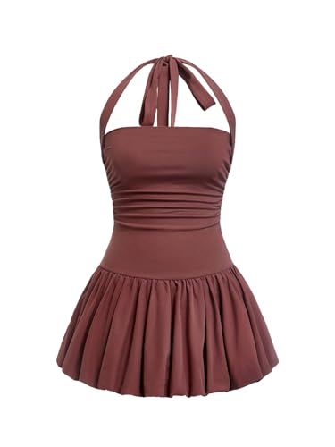 Women's Bubble Mini Dress Halter Backless Ruched Y2K Short Sundress with Built-in Shorts