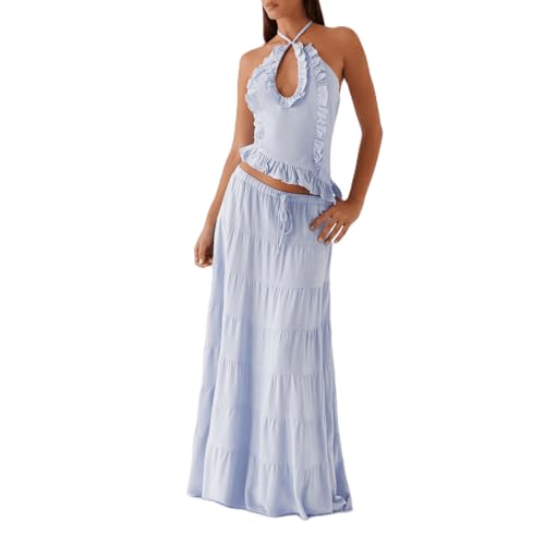 Womens 2 Piece Maxi Skirt Set Y2k Halter Ruched Cami Top Tiered Flowy Ruffle Skirt Outfit