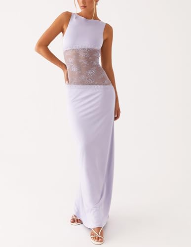 Women Satin Bodycon Maxi Dress Y2K Lace Patchwork Sleeveless Dress Backless Cutout Long Lace Dress Elegant