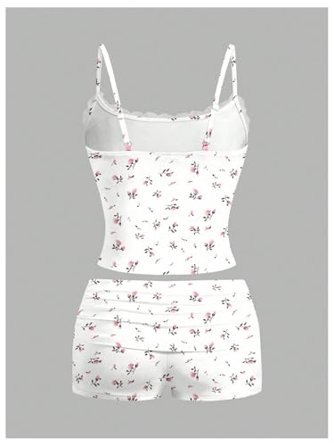Women's 2 Piece Cute Pajama Set Cartoon Print Ruched Cami Crop Tops and Shorts Lounge Sets