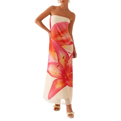 Women Y2k Floral Strapless Dress Sexy Backless Tube Maxi Dress Sleeveless Mesh Bodycon Long Dress