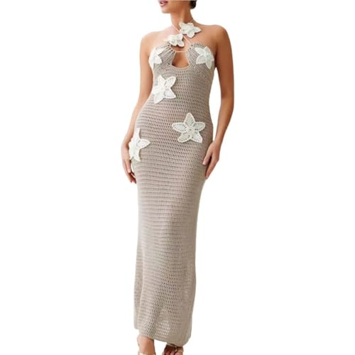 Women Halter Hollow Out Knitted Mini Dress Sexy Crochet 3D Flower Mini Dress