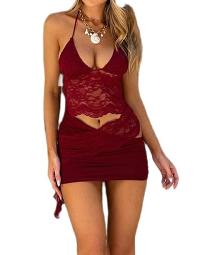 Women Y2K Lace 2 Piece Skirt Set Floral Lace Fitted Crop Cami Top See Through Low Waist Skirt Outfit Streetwear
