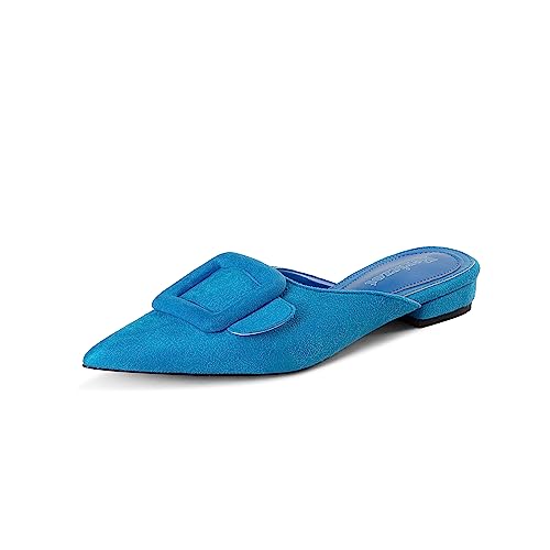 Mule Slippers for Women,Slingback Buckle Flat Pointed Toe Backless Mule Slides Suede Slip On Loafers