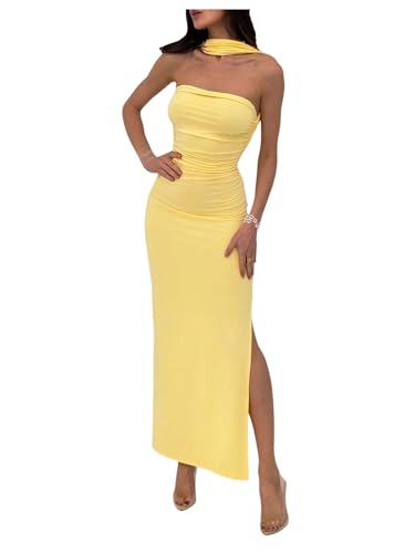 Women's Backless Halter Dress Sexy 3D Floral Ruched Split Thigh Maxi Dresses