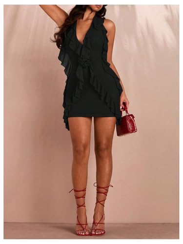 Women's 3D Floral Ruffle Trim Bodycon Mini Dresses Halter V Neck Sleeveless Cocktail Party Dresses