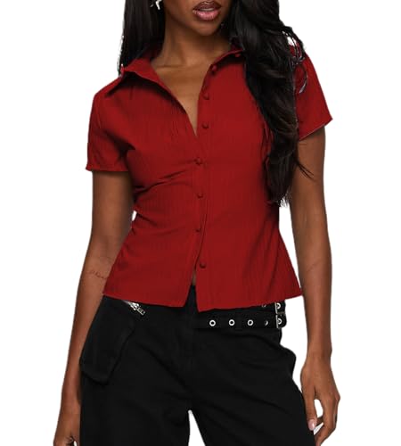 Y2k Fairy Plaid Button Down T Shirts Women Short Sleeve V Neck Aesthetic Tee Shirts Slim Fit Gingham Crop Top