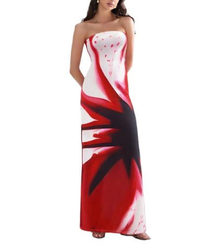 Women Y2k Floral Strapless Dress Sexy Backless Tube Maxi Dress Sleeveless Mesh Bodycon Long Dress