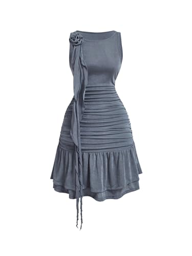 Women's 3D Floral Ruched Ruffle Dress Layered Sleeveless Bodycon Tank Dress with Straps