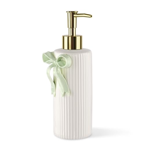 Handmade Ceramic Bow Soap Pump Dispenser Hand Lotion Liquid Dispenser Refillable for Kitchen and Bathroom Decorative