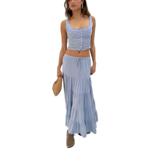 Women 2 Piece Outfits Y2k Sleeveless Lace Trim Cami Tops and Ruffle Ruched Maxi Skirt Matching Set
