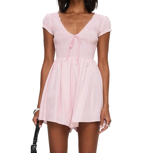 Women's Gingham Mini Dress Short Sleeve Bow Deep V Neck Smocked Waist Slim Fit Retro Plaid Dresses Y2k Sundress