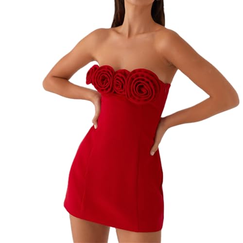 Women's Strapless 3D Flower Mini Dress Sexy Ruffle Short Tube Dress with 3DFloral Bodycon Backless Cocktail Party