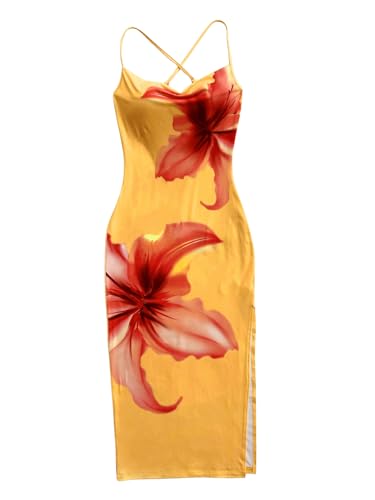 Women's Floral Print Split Thigh Bodycon Dress Criss Cross Skinny Long Cami Dresses