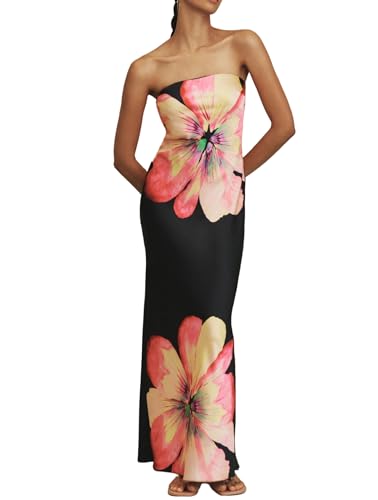 Women Floral Strapless Maxi Dress Sexy Bodycon Backless Tube Long Dress Summer Off Shoulder Cocktail Dresses