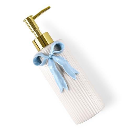 Handmade Ceramic Bow Soap Pump Dispenser Hand Lotion Liquid Dispenser Refillable for Kitchen and Bathroom Decorative