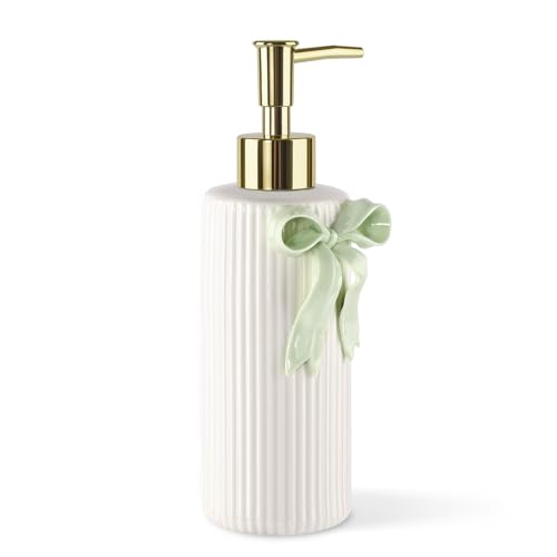 Handmade Ceramic Bow Soap Pump Dispenser Hand Lotion Liquid Dispenser Refillable for Kitchen and Bathroom Decorative