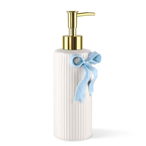 Handmade Ceramic Bow Soap Pump Dispenser Hand Lotion Liquid Dispenser Refillable for Kitchen and Bathroom Decorative
