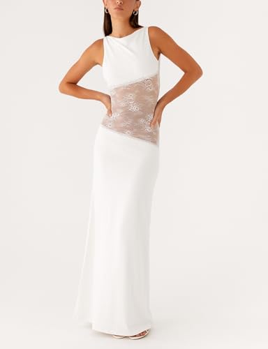 Women Satin Bodycon Maxi Dress Y2K Lace Patchwork Sleeveless Dress Backless Cutout Long Lace Dress Elegant