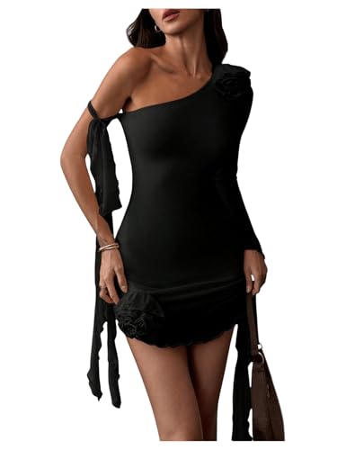 Women's 3D Floral Bodycon Mesh l Asymmetrical Long Sleeve Mini Dress