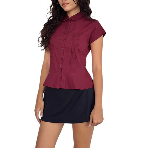 Y2k Fairy Plaid Button Down T Shirts Women Short Sleeve V Neck Aesthetic Tee Shirts Slim Fit Gingham Crop Top