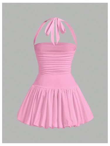Women's Bubble Mini Dress Halter Backless Ruched Y2K Short Sundress with Built-in Shorts