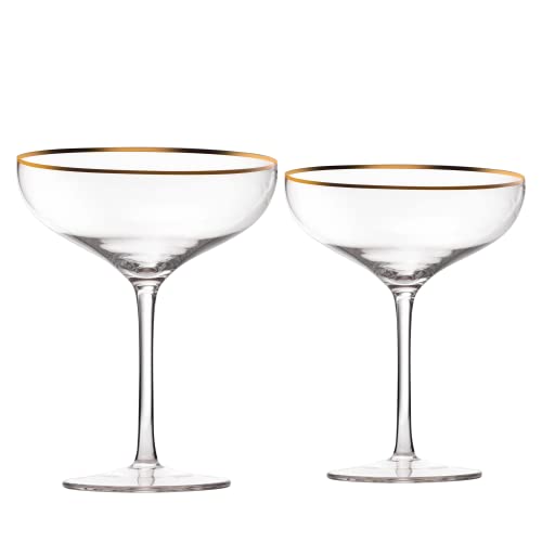 Colored Sunset Rim Coupe Glass, 9oz Cocktail & Champagne Glasses 2-Set Vibrant Color Gold Vintage Tumblers, Margarita, Glassware