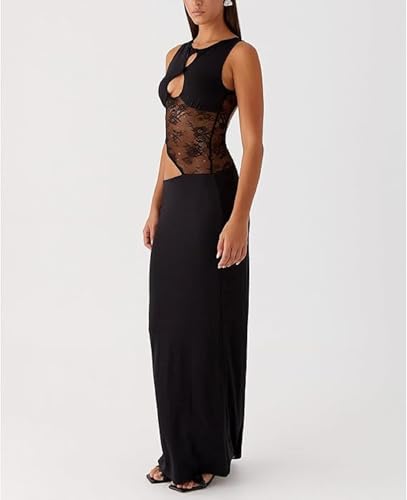 Women Satin Bodycon Maxi Dress Y2K Lace Patchwork Sleeveless Dress Backless Cutout Long Lace Dress Elegant