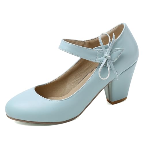 Women's Bow Mary Jane Dress Pumps Shoes Chunky Block High Heels Round Toe Shoes
