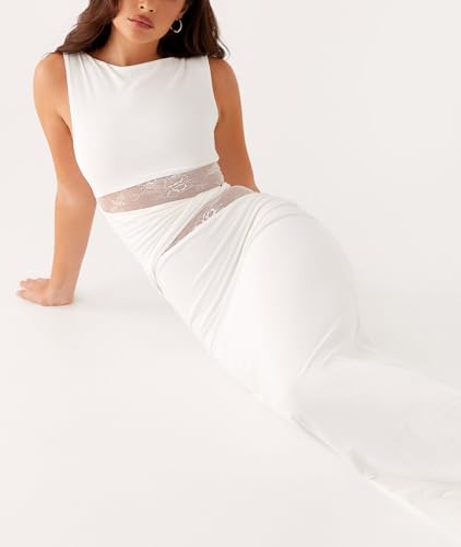 Women Satin Bodycon Maxi Dress Y2K Lace Patchwork Sleeveless Dress Backless Cutout Long Lace Dress Elegant