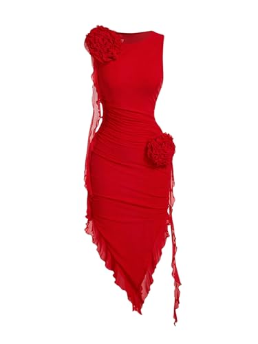 Women's Sleeveless Floral Appliques Bodycon Mesh Irregular Ruffle Hem Dress