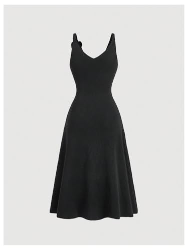 Women's 3D Flower Backless Sweater Dress Sleeveless Slim Fit Flared Hem Midi Dresses