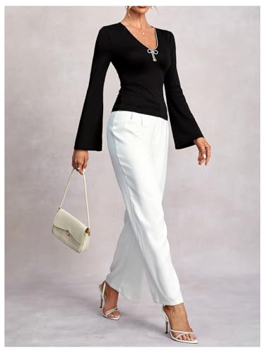 Women's Sparkly Rhinestone V Neck T Shirt Bell Long Sleeve Fitted Going Out Tops