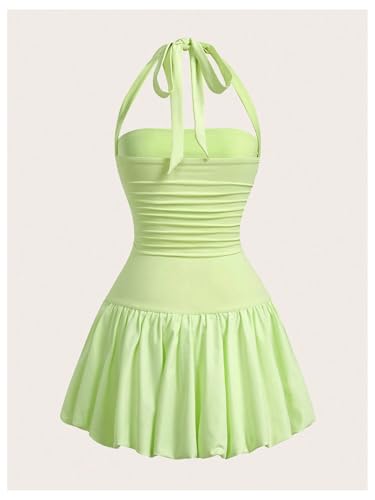 Women's Bubble Mini Dress Halter Backless Ruched Y2K Short Sundress with Built-in Shorts