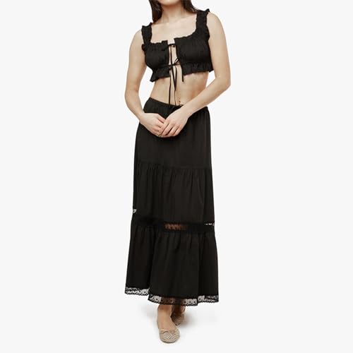 Women 2 Piece Outfits Y2k Sleeveless Lace Trim Cami Tops and Ruffle Ruched Maxi Skirt Matching Set