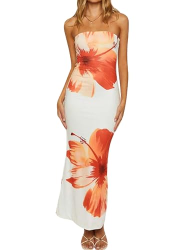 Women Floral Strapless Maxi Dress Sexy Bodycon Backless Tube Long Dress Summer Off Shoulder Cocktail Dresses