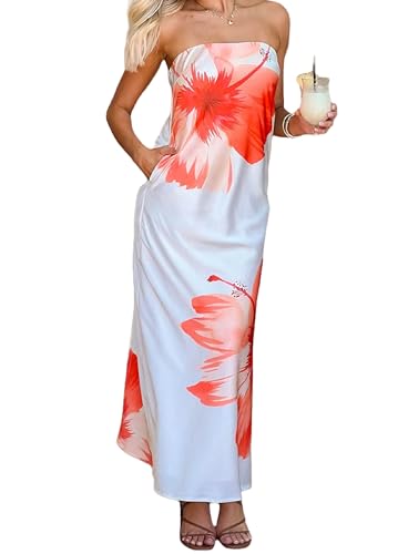 Women Floral Strapless Maxi Dress Sexy Bodycon Backless Tube Long Dress Summer Off Shoulder Cocktail Dresses