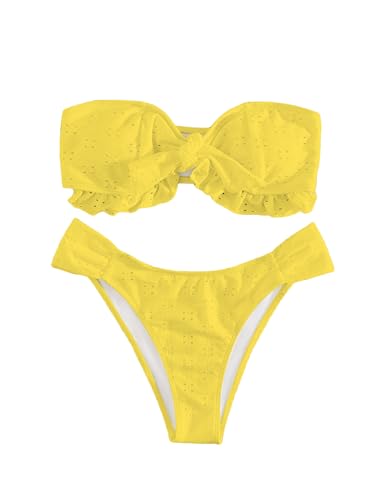 Women's 2 Piece Bathing Suit Ruffle Hem Bandeau Tie Front Bikini Set