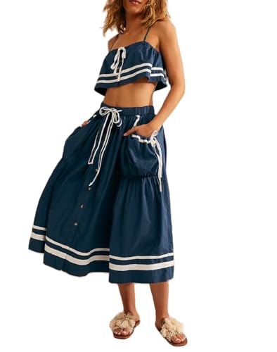 Women 2 Piece Outfits Y2k Sleeveless Lace Trim Cami Tops and Ruffle Ruched Maxi Skirt Matching Set