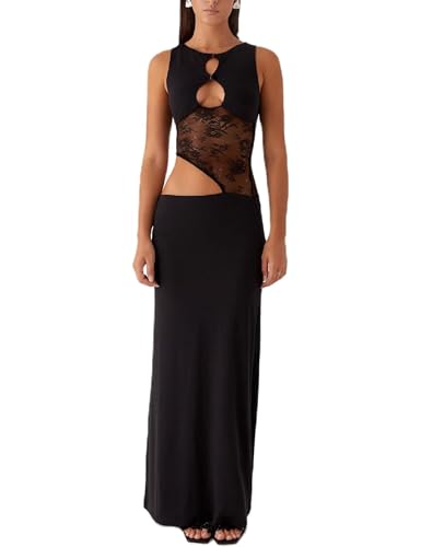 Women Satin Bodycon Maxi Dress Y2K Lace Patchwork Sleeveless Dress Backless Cutout Long Lace Dress Elegant