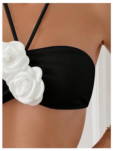 Women's 2 Piece Halter Swimsuit 3D Flower Appliques Bandeau Tummy Control Bikini Set