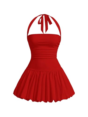 Women's Bubble Mini Dress Halter Backless Ruched Y2K Short Sundress with Built-in Shorts
