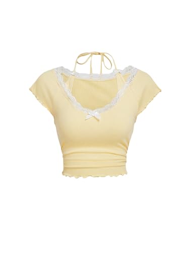 Women's Contrast Lace Halter Neck Lettuce Trim Casual Crop Tee Tops