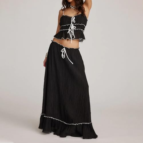 Women 2 Piece Outfits Y2k Sleeveless Lace Trim Cami Tops and Ruffle Ruched Maxi Skirt Matching Set